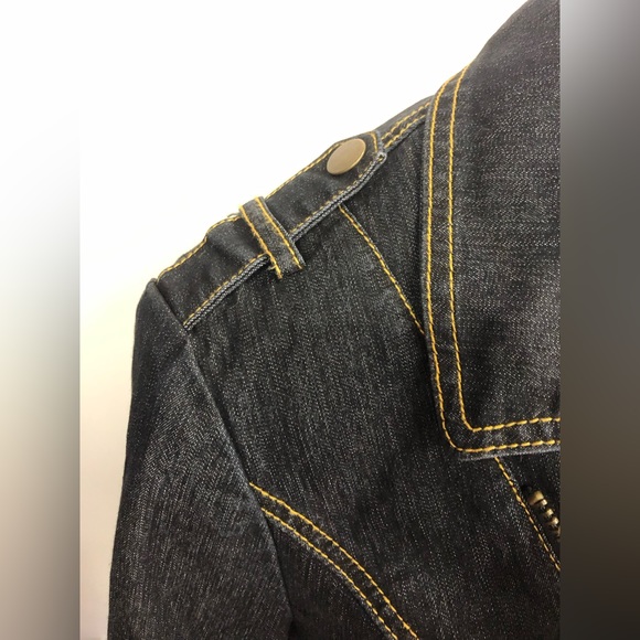 BISOU BISOU DARK GRAY DENIM CROPPED JACKET FRONT ZIPPER SIPPED CUFFS SIZE LARGE - Picture 6 of 7